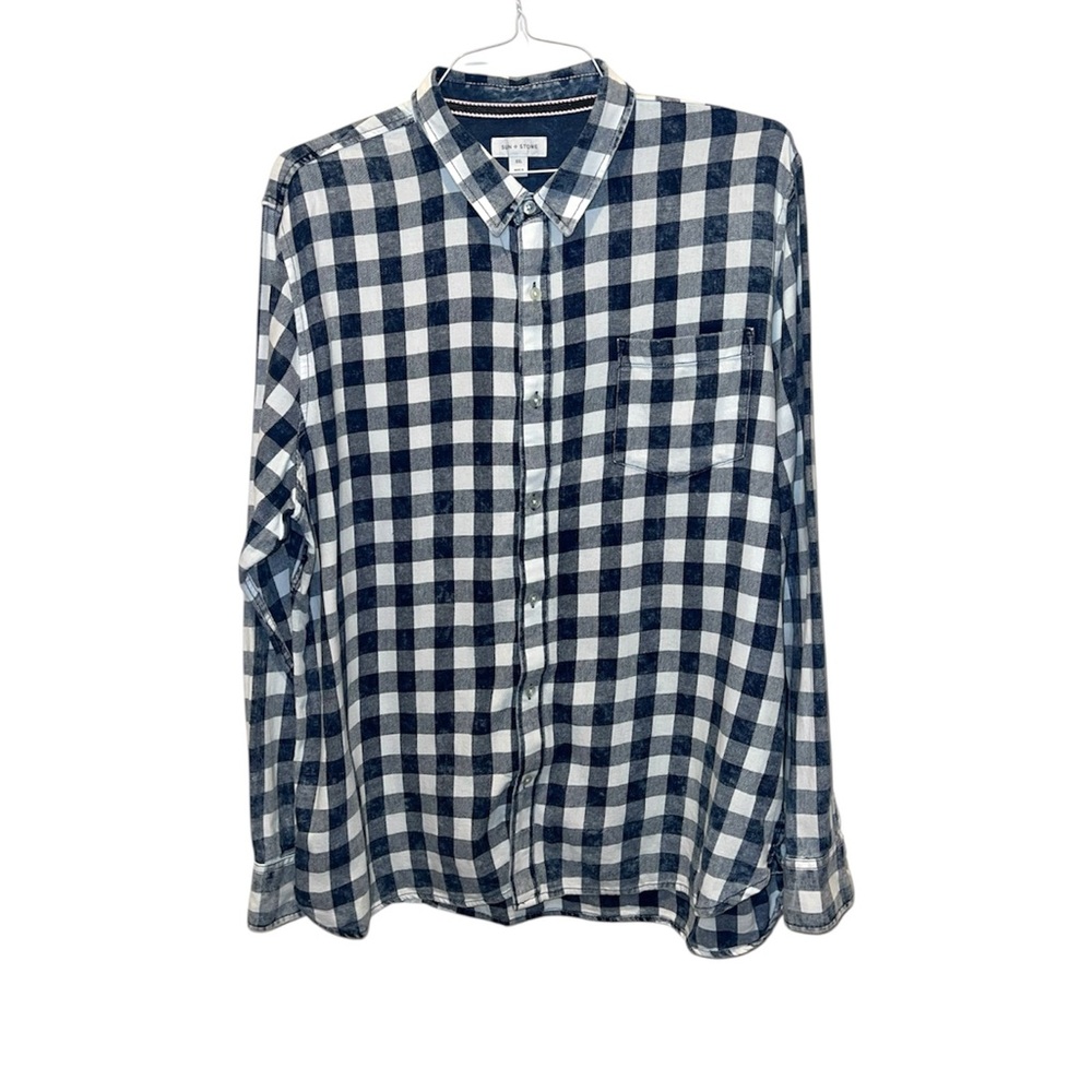 Sun and Stone Men’s Distressed Checkered Flannel Button Down Sz XXL Navy White